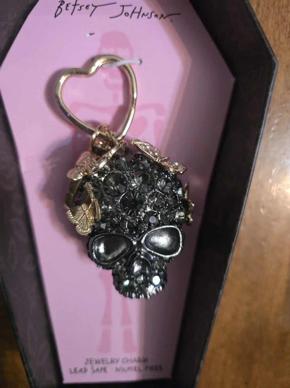 Betsey Johnson Black Crystal Skull Keyring with Gold Butterfly Accents